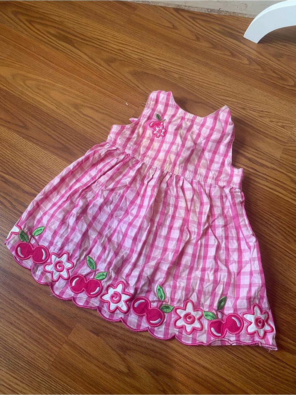 Y2K Girls Pink Gingham Cherry Appliqué Sundress